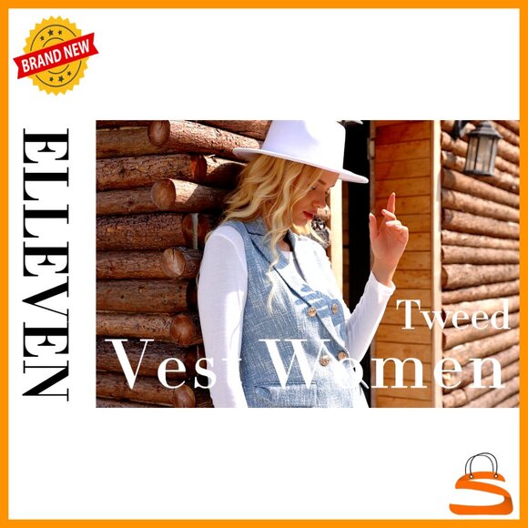 Tweed Long Vest Sleeveless Double-Breasted Blazer Chic Layering Piece Pockets - Picture 6 of 6